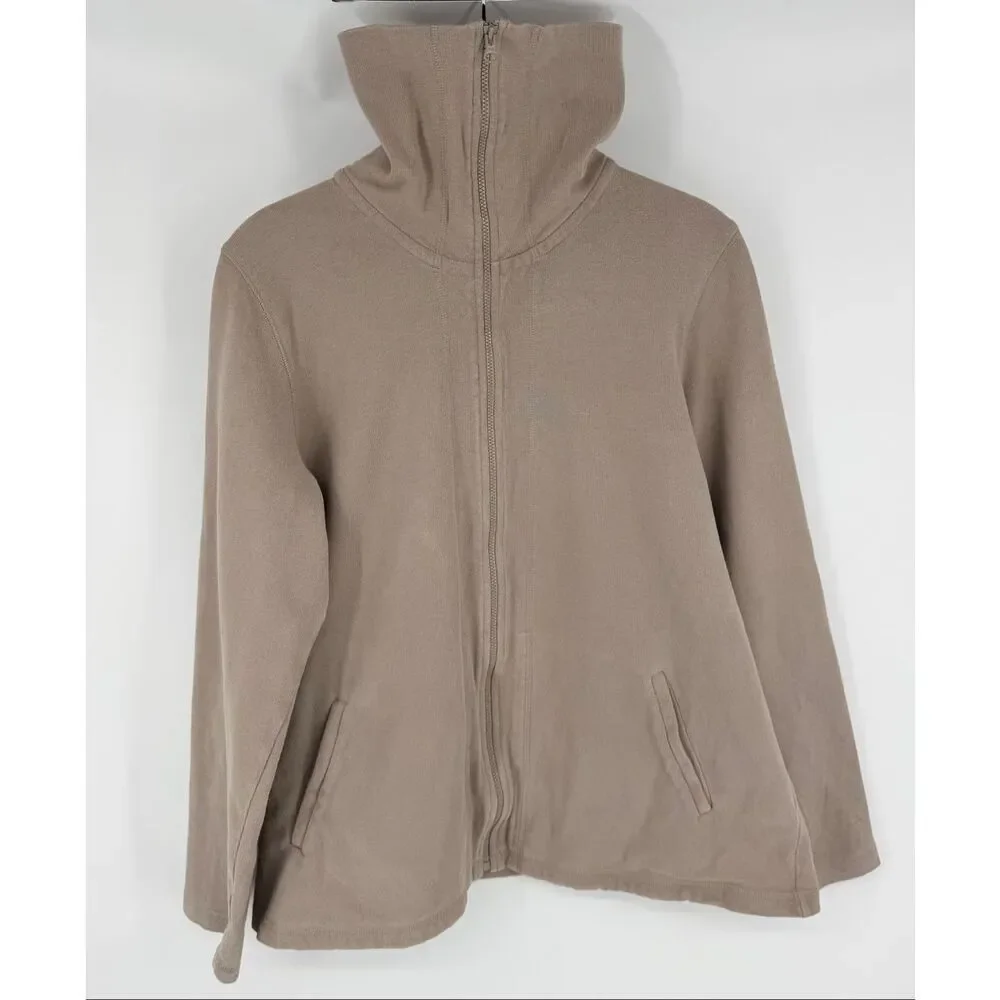 Eileen Fisher Organic Cotton Zip Jacket Funnel Neck Minimalist Beige Women L
